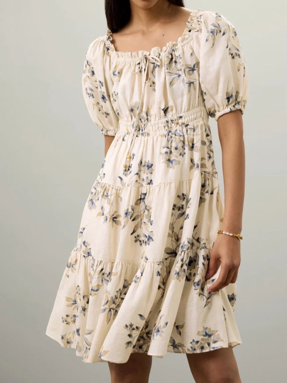 Ralph Lauren Cream Floral Puff-Sleeve Maxi Dress with Blue & Tan Flowers
